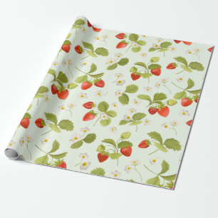 Strawberry Fruit, Leaves and Flowers Wrapping Paper