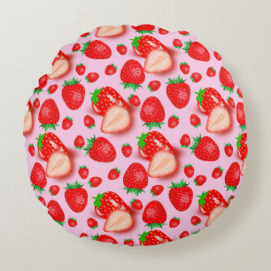 Strawberry Fruit On Pink Colour Round Pillow