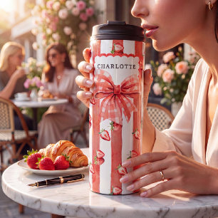 Strawberry Gingham Bow Red Stripe Watercolor Thermal Tumbler