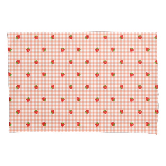 Strawberry & Gingham Check (Salmon Pink) Pillowcase (Front)