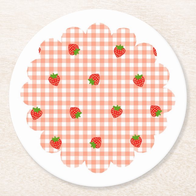 Strawberry & Gingham Check (Salmon Pink) Round Paper Coaster (Front)