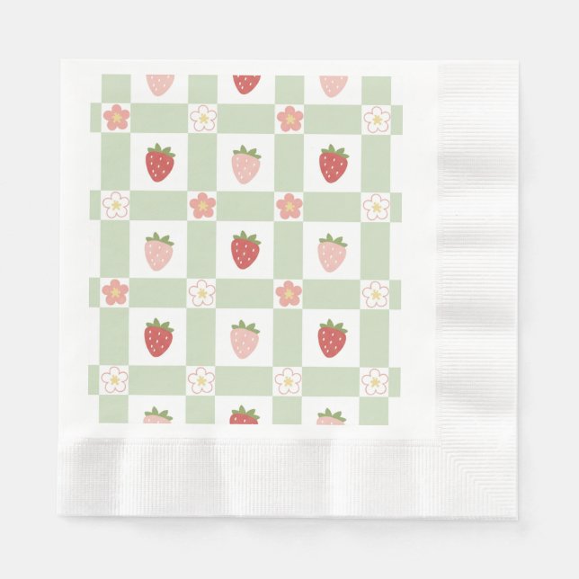 Strawberry Gingham First Birthday Coined Edge Napkin (Front)