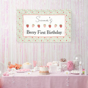 Strawberry Gingham First Birthday Party  Banner
