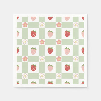 Strawberry Gingham Pastel Green 1st Birthday Napkin