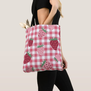  Strawberry Gingham Pattern Tote Bag