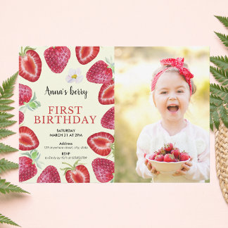 Strawberry Girl First 1st Birthday Berry Photo Invitation