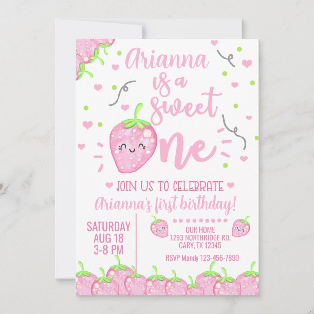 Strawberry girl first birthday invite, Sweet One.  Invitation (Front)