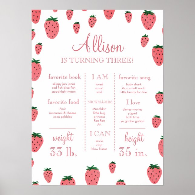 Strawberry Girl First Birthday Milestone Sign (Front)