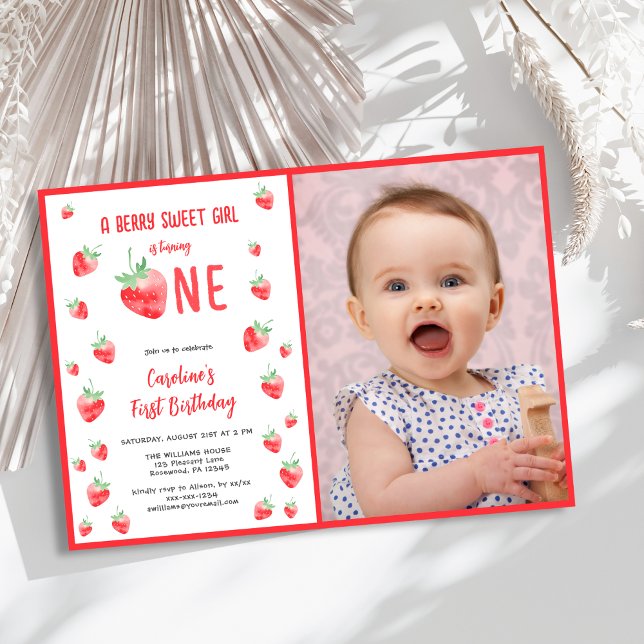 Strawberry Girl First Birthday Photo Invitation (Creator Uploaded)