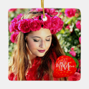 Strawberry girl Photo Monogram Chic Ceramic Ornament