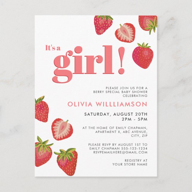 Strawberry Girls Baby Shower Invitation Postcard (Front)