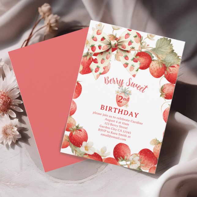 Strawberry Girls Berry Sweet Second Birthday Invitation (Creator Uploaded)