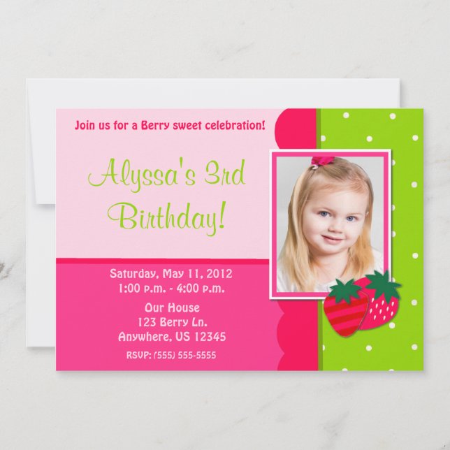 Strawberry Girls Photo Birthday Invitation (Front)
