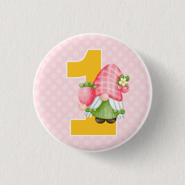 Strawberry Gnome Garden Baby Girl's 1st Birthday 1 Inch Round Button (Front)