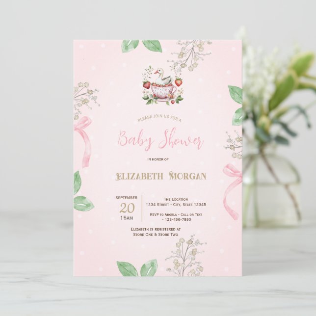 Strawberry,Goose,Bow Frame Dots Baby Shower Invitation (Standing Front)