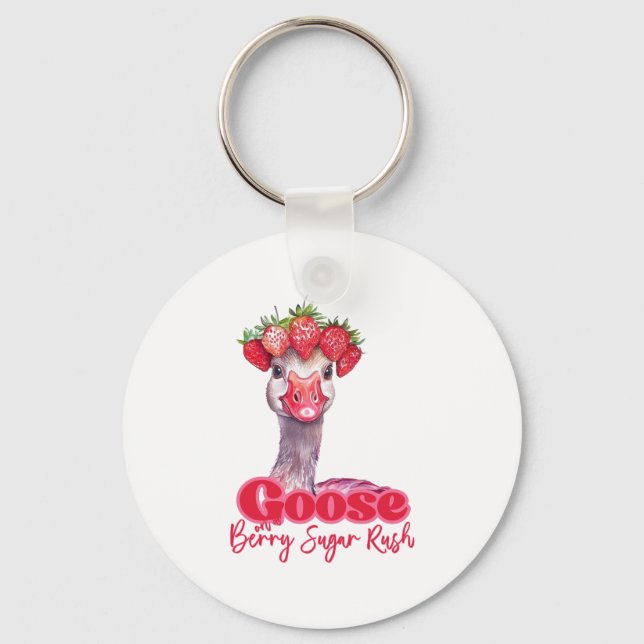 Strawberry Goose Funny Goose with Strawberries Keychain (Front)