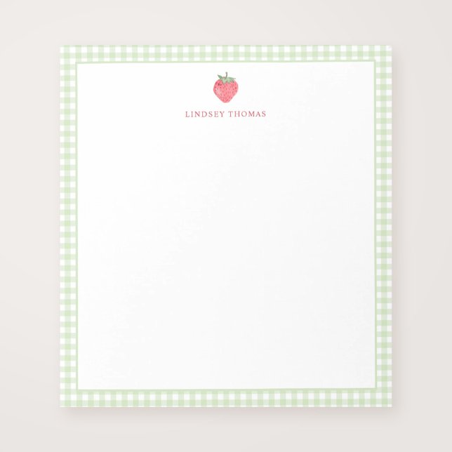 Strawberry Green Gingham Border Personalized Notepad (Creator Uploaded)