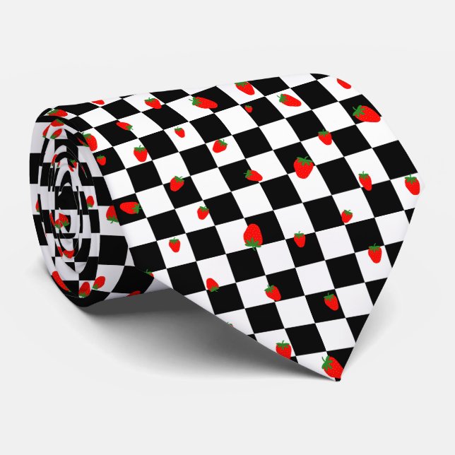 Strawberry Groovy Retro Chequerboard, Y2K 90s  Tie (Rolled)