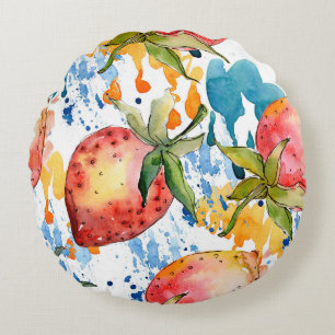 Strawberry healthy food. Watercolor background ill Round Pillow