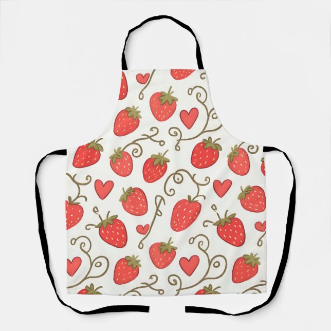 Strawberry Heart Pattern Cute Whimsical Apron (Front)