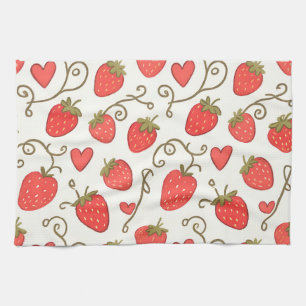 Strawberry Heart Pattern Cute Whimsical Kitchen Towel