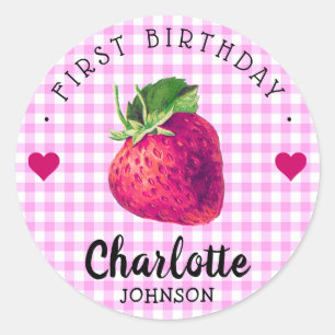 Strawberry Hearts Birthday Girl Pink Chequered Classic Round Sticker