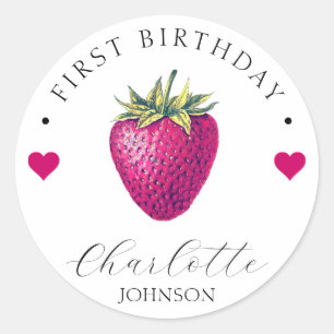 Strawberry Hearts Birthday Girl White Classic Round Sticker
