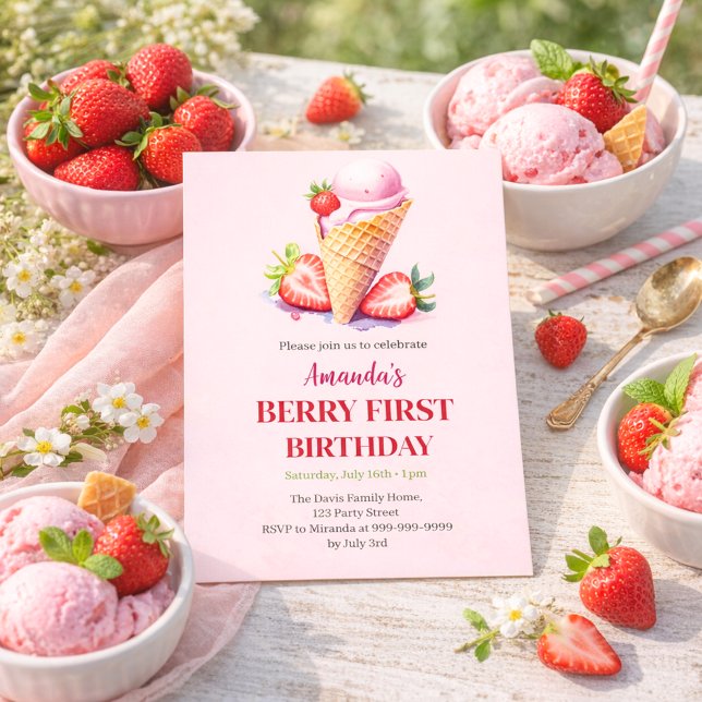 Strawberry ice cream 1st birthday berry first invitation (Creator Uploaded)
