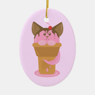 Strawberry Ice Cream Cat Ceramic Ornament