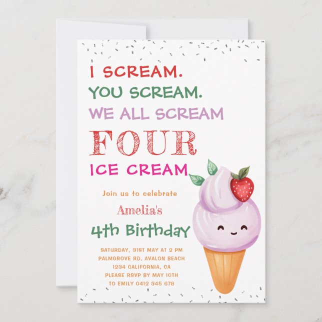 Strawberry Ice Cream Cone 4th Birthday Party Invitation (Front)