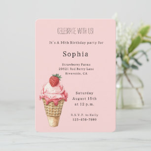 Strawberry Ice Cream Cone Birthday Invitation
