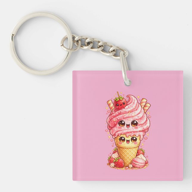 Strawberry Ice Cream Cone Kawaii Keyring (Front)