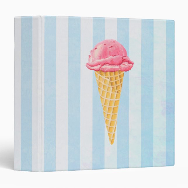 Strawberry Ice Cream Cone On Blue Stripes Binder (Front/Spine)
