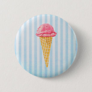 Strawberry Ice Cream Cone With Blue Stripes 2 Inch Round Button