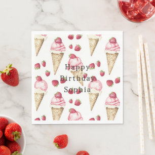 Strawberry Ice Cream Cones Birthday Napkin