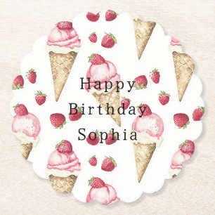 Strawberry Ice Cream Cones Birthday Paper Coaster