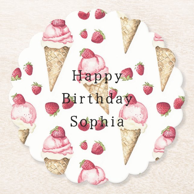 Strawberry Ice Cream Cones Birthday Paper Coaster (Front)