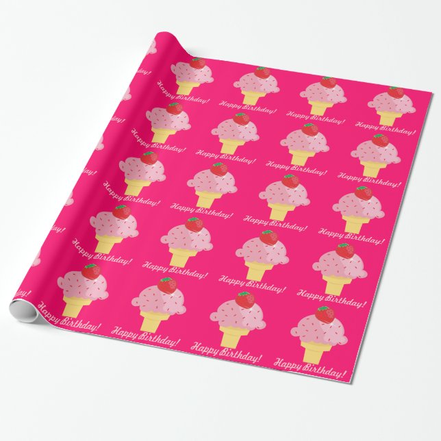 Strawberry Ice Cream Happy Birthday Gift Wrap (Unrolled)