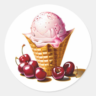 Strawberry Ice Cream in Cone with Cherries Classic Round Sticker