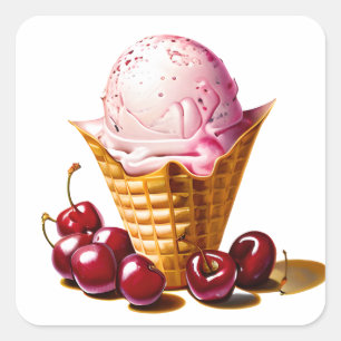 Strawberry Ice Cream in Cone with Cherries  Square Sticker