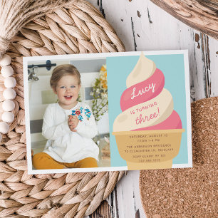 Strawberry Ice Cream Kids Birthday Party Photo Invitation