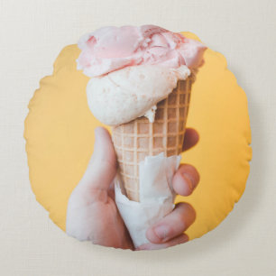 Strawberry ice cream on cone round pillow