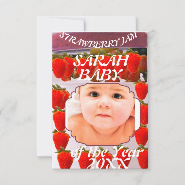 Strawberry Jam jar with baby photo design Announcement (Front)