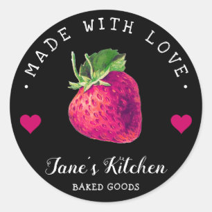 Strawberry Kitchen Home Made With Love Black Classic Round Sticker