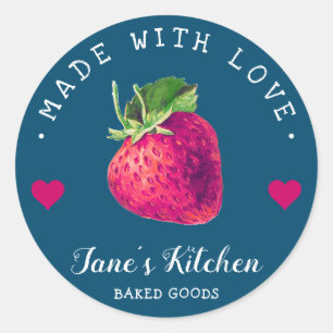 Strawberry Kitchen Home Made With Love Blue Green Classic Round Sticker