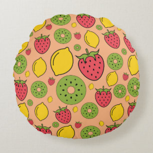 Strawberry, lemon and kiwi fruits wallpaper backgr round pillow
