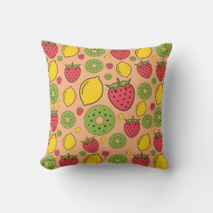 Strawberry, lemon and kiwi fruits wallpaper backgr throw pillow