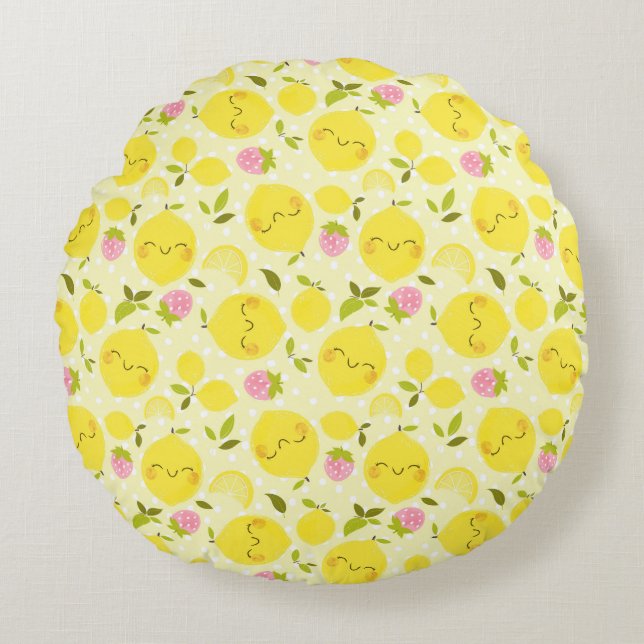 Strawberry Lemon Yellow Round Pillow (Front)