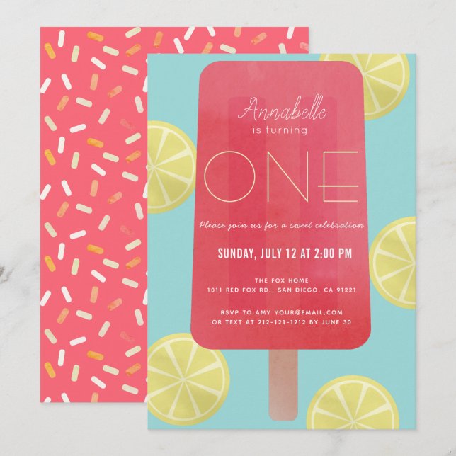 Strawberry Lemonade Popsicle Girl 1st Birthday Invitation (Front/Back)