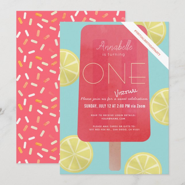 Strawberry Lemonade Popsicle Virtual 1st Birthday Invitation (Front/Back)